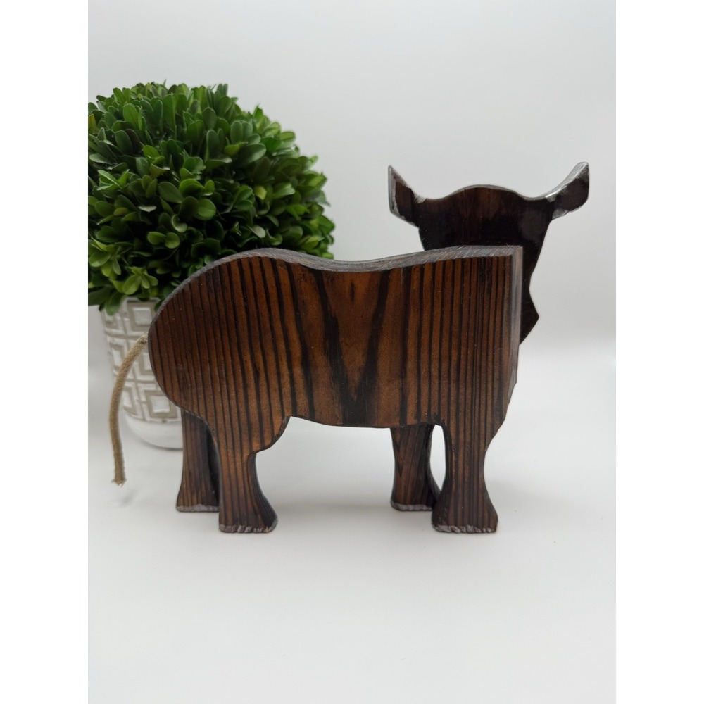Rustic Hand‎ Carved Wooden Bull Figurine 8" Farmhouse Decor Silver Horns Bell - Picture 5 of 8
